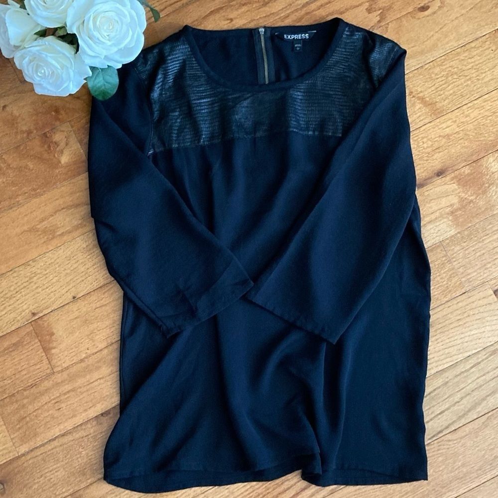 EXPRESS Black Top with a Faux Leather Yolk